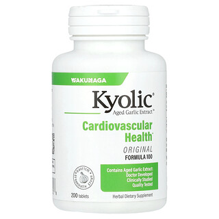 Kyolic, Kypsytetty valkosipuliuute, sydän- ja verisuoniterveydelle, alkuperäinen kaava 100, 200 tablettia (300 mg tablettia kohden)