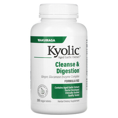 Kyolic Экстракт выдержанного чеснока, очищение от кандида и пищеварение, формула 102, 200 вегетарианских таблеток