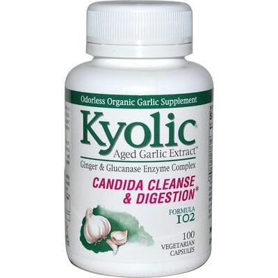 Kyolic Экстракт выдержанного чеснока, формула 102 для удаления дрожжевого грибка и улучшения пищеварения, 100 растительных капсул