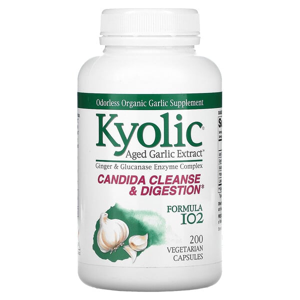 Kyolic‏, Aged Garlic Extract،‏ للتخلص من فطريات المبيضات وتعزيز عملية الهضم، التركيبة 102، 200 كبسولة نباتية