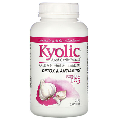 Kyolic Выдержанный экстракт чеснока, формула 105 для детоксикации и омоложения, 200 капсул