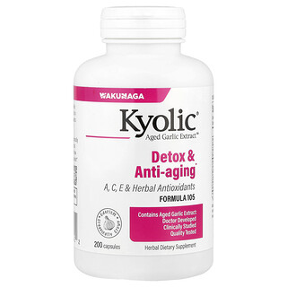 Kyolic, Extracto de ajo maduro Aged Garlic Extract™, Desintoxicación y antienvejecimiento, Fórmula 105, 200 cápsulas