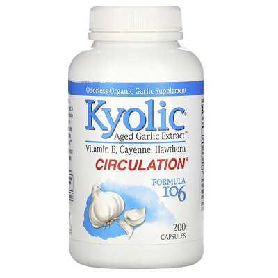 Kyolic Выдержанный экстракт чеснока, улучшение кровообращения, формула 106, 200 капсул