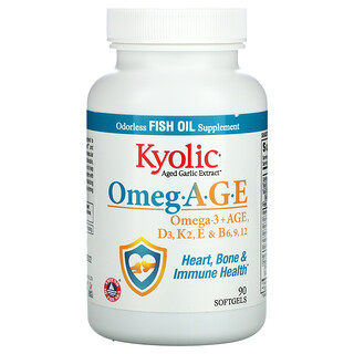 Kyolic, Omeg.A.G.E, Omega-3 + AGE, D3, K2, E & B6, 9, 12, Heart, Bone & Immune Health, 90 Softgels