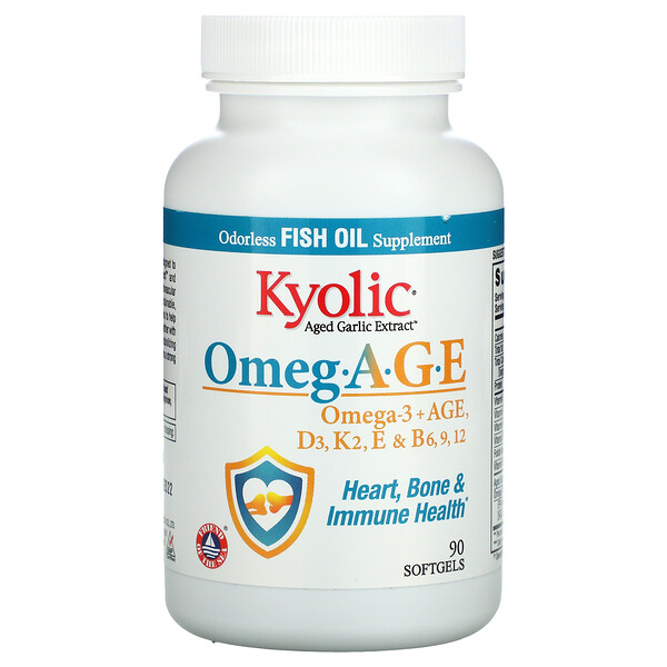 Omeg.A.G.E、オメガ3＋熟成ニンニク抽出液、ビタミンD3、K2、E、B6、B9、B12、丈夫な体づくりのために、ソフトジェル90粒