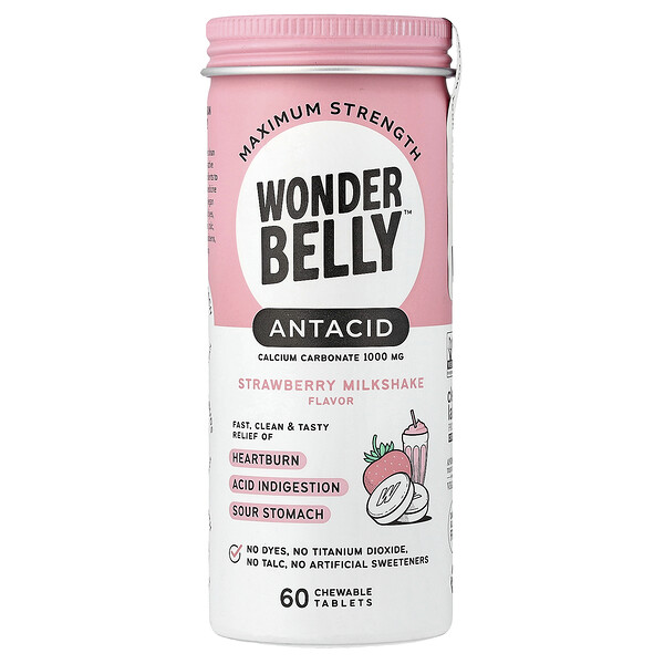 Wonderbelly Antacid, Strawberry Milkshake, 60 Chewable Tablets (1,000 mg per Tablet)