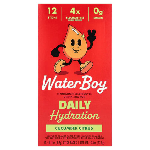 ウォーターボーイ Waterboy, デイリーハイドレーション、電解質ドリンクミックス、キュウリシトラス、スティックパック12本、各3.2g（0.11オンス）