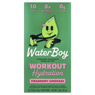 Waterboy, Antrenman Hidrasyon, Elektrolit İçecek Karışımı, Çilekli Limonata, 10 Çubuk Paket, Her Biri 0,22 oz (6,1 g)
