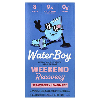 Waterboy, Weekend Recovery, Mezcla para preparar bebidas con electrolitos e hidratación, Limonada de fresa, 8 sobrecitos, 6,5 g (0,23 oz) cada uno