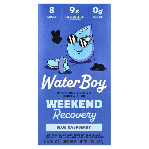 Waterboy, Weekend Recovery, Hydration Electrolyte Drink Mix, Blue Raspberry, 8 Stick Packs, 0.25 oz (7 g) Each