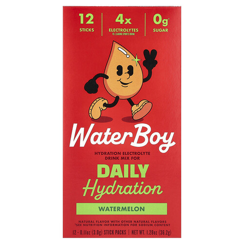 Waterboy Daily Hydration, Electrolyte Drink Mix, Watermelon, 12 Stick Packs, 0.11 oz (3 g) Each