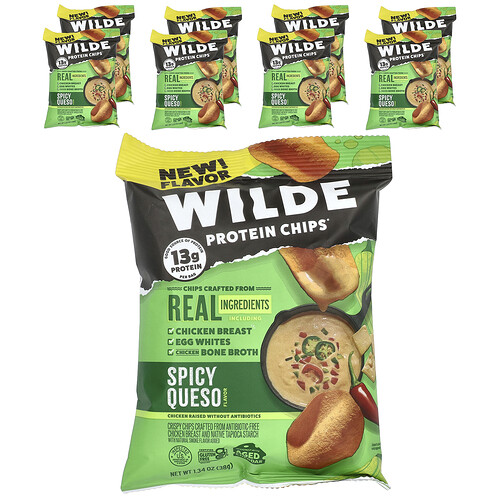 Wilde Brands Protein Chips®, Spicy Queso, 8 Bags, 1.34 oz (38 g) Each