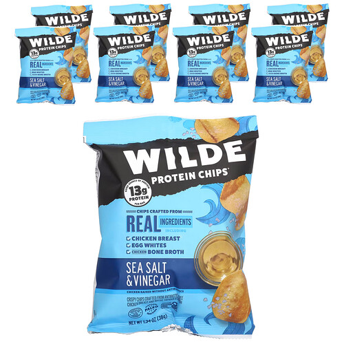 Wilde Brands Protein Chips®, Sea Salt & Vinegar, 8 Bags, 1.34 oz (38 g) Each