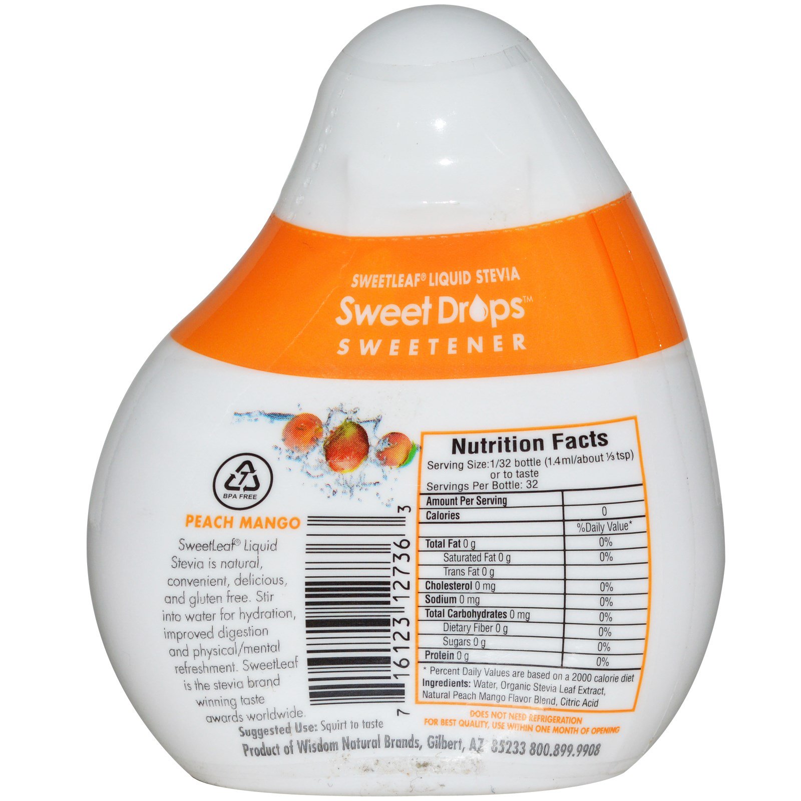 Wisdom Natural, Sweet Drops Sweetener, Water Enhancer, Peach Mango, 32