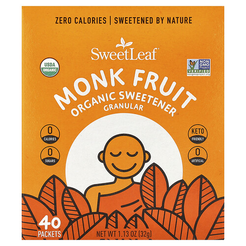 SweetLeaf Stevia, Monk Fruit Organic Sweetener Granular, 40 Packets, 0.28 oz (0.8 g) Each