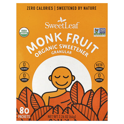 SweetLeaf Stevia, Endulzante orgánico con fruto del monje, Granulado, 80 sobres, 64 g (2,26 oz)