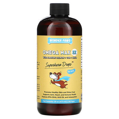 

Wonder Paws Superhero Drops For Dogs Omega Max 3X Wild Alaskan Salmon + COD + Krill All Ages 16 oz (473 ml)