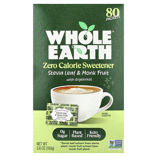Whole Earth, Hoja de estevia y fruto del monje con eritritol, 80 sobres, 160 g (5,6 oz)