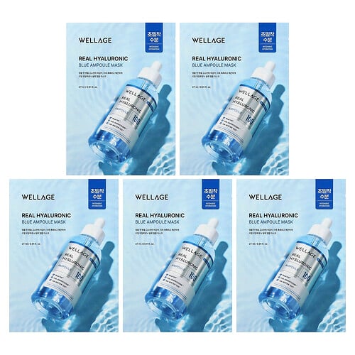 Wellage, Real Hyaluronic Blue Ampoule Beauty Mask, Beauty-Maske mit Hyaluronsäure, 5 Tuchmasken, je 27 ml (0,91 fl. oz.).