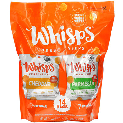 Whisps Cheese Crisps Pack, 7 Cheddar, 7 Parmesan, 14 Bags, 0.63 oz ( 18 g) Each