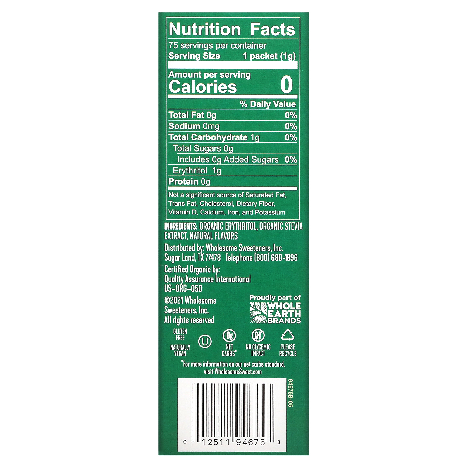 Wholesome Sweeteners, Organic Stevia, Zero Calorie Sweetener Blend, 75
