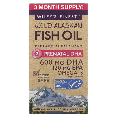 

Wiley's Finest жир диких аляскинских рыб, пренатальная ДГК, 600 мг, 180 рыбных капсул