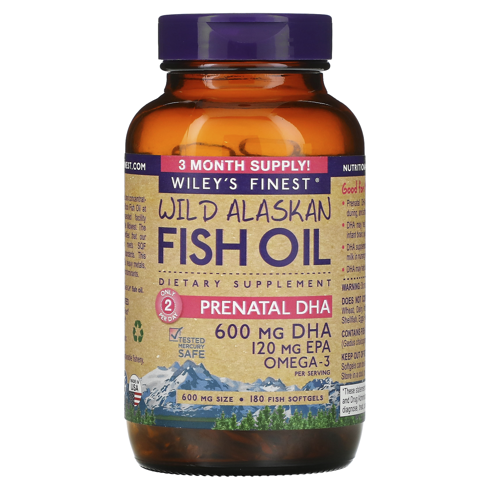 Wiley's Finest, Wild Alaskan Fish Oil, Prenatal DHA, 600 mg, 180 Fish Softgels