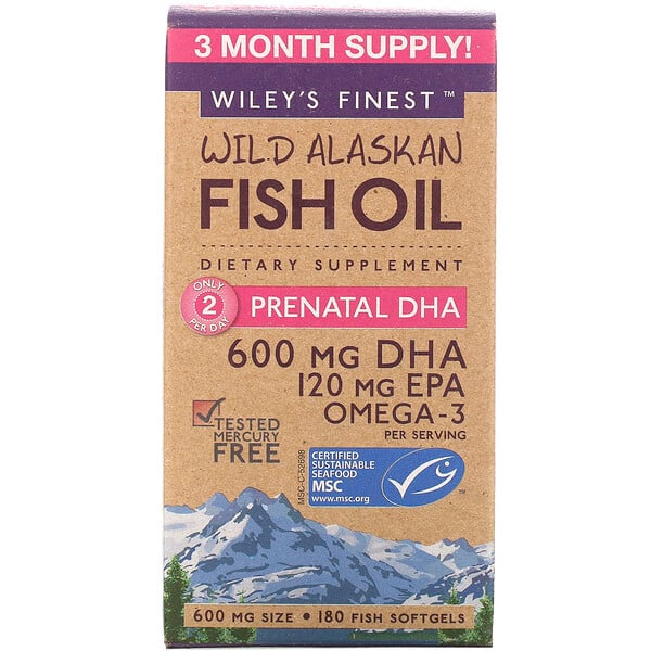Aceite de pescado de Alaska, ácido docosahexaenoico prenatal, 600 mg, 180 cápsulas suaves de pescado