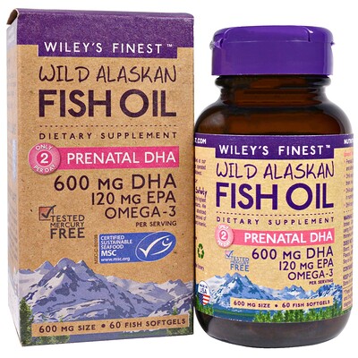 Wiley's Finest Аляскинский рыбий жир, пренатальная ДГК, 600 мг, 60 рыбных мягких капсул