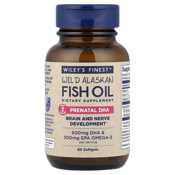 Wiley's Finest Wild Alaskan Fish Oil, Prenatal DHA, 60 Softgels