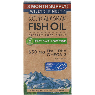 Wiley's Finest жир диких аляскинских рыб, 630 мг, 180 капсул, которые легко глотать