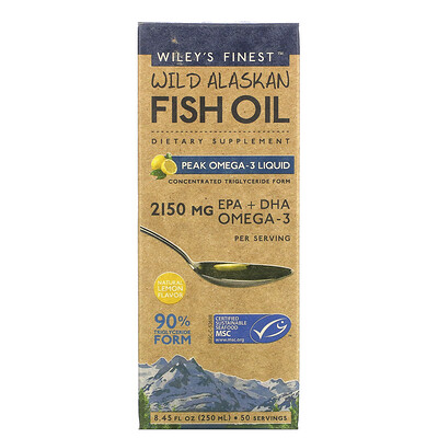 Wiley's Finest рыбий жир из дикой рыбы Аляски, жидкий, с максимальным содержанием омега-3, натуральный лимонный вкус, 250 мл (8,45 жидк. унции)