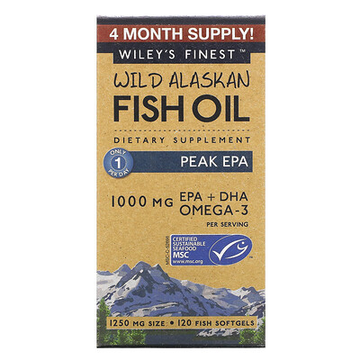 Wiley's Finest рыбий жир диких аляскинских рыб, максимальное содержание ЭПК, 1250 мг, 120 рыбных капсул
