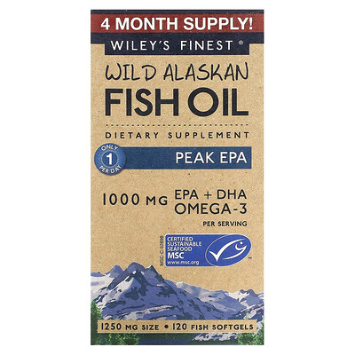 

Wiley's Finest рыбий жир диких аляскинских рыб, максимальное содержание ЭПК, 1250 мг, 120 рыбных капсул