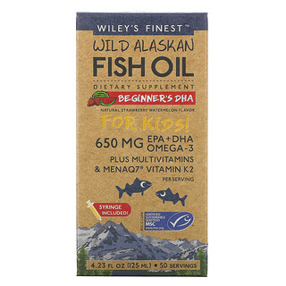 Wiley's Finest, ¡Aceite de pescado de Alaska para niños! Ácido docosahexaenoico para novatos, sabor a sandía con fresa natural, 650 mg, 4,23 fl oz (125 ml)