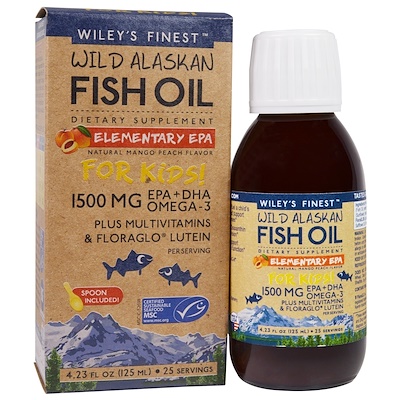 Wiley's Finest 野生阿拉斯加魚油,入門級EPA,適合兒童!天然芒果蜜桃味,1500 mg,4.23 fl oz (125 ml)