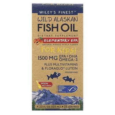 Wiley's Finest Wild Alaskan Fish Oil For Kids! Elementary EPA Natural Mango Peach Flavor 1 500 mg 4.23 fl oz (125 ml)