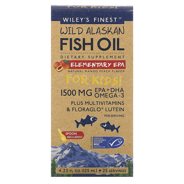 Wiley's Finest, рыбий жир из аляскинской промысловой рыбы, для детей, базовая ДГК, со вкусом натурального манго и персика, 1500 мг, 125 мл (4,23 жидкой унции)