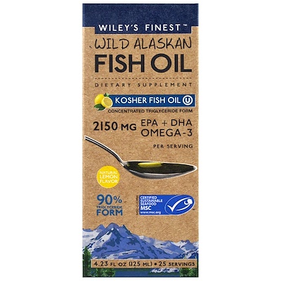 Wiley's Finest 野生阿拉斯加魚油,猶太潔食魚油,天然檸檬味, 4.23 fl oz (125 ml)