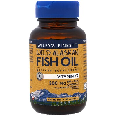 Wiley's Finest Рыбий жир дикой рыбы Аляски, витамин K2, 60 желатиновых капсул с рыбьим жиром
