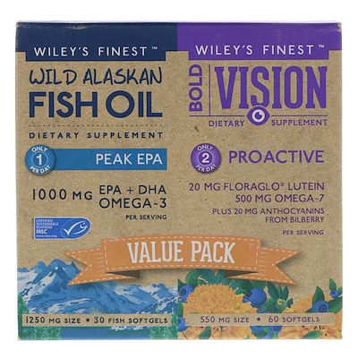 Wiley's Finest Bold Vision視力䃼充剤,預防,野生阿拉斯加魚油,Peak EPA,超值裝,550毫克和1250毫克,60粒和30粒軟膠囊