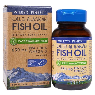 Wiley's Finest жир дикой аляскинской рыбы, мягкие мини-таблетки, 630 мг, 60 мягких таблеток