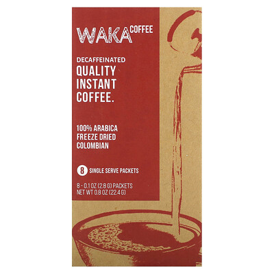 

Waka Coffee 100% Arabica Instant Coffee Colombian Medium Roast Decaffeinated 8 Packets 0.1 oz (2.8 g) Each