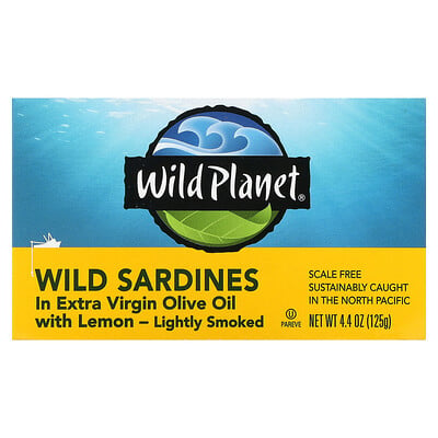 Wild Planet сардины дикого улова в нерафинированном оливковом масле высшего качества, с лимоном, 125 г (4,4 унции)