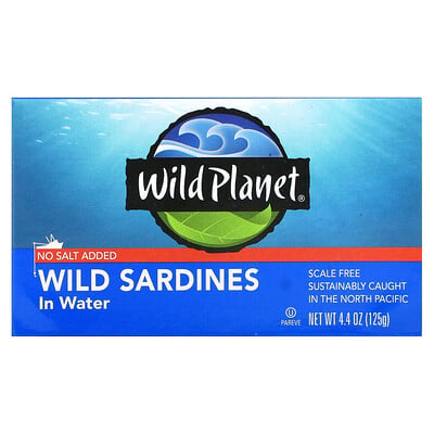 Wild Planet Сардины, выловленные в диких условиях, в воде, Без добавления соли, 4,4 унц. (125 г)