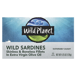 Wild Planet, Sardine selvatiche, filetti disossati e senza pelle in olio extravergine d’oliva, 120 g