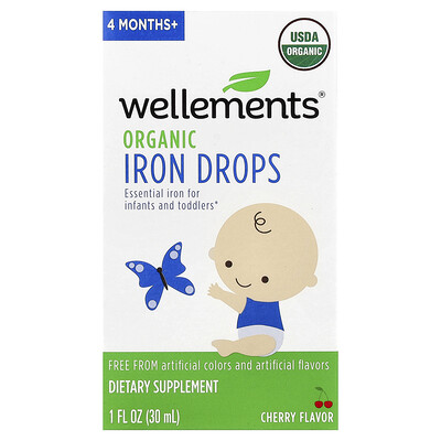 Wellements, Organic Iron Drops, Gotas de hierro orgánico, Bebés de 4 meses en adelante, Cereza, 30 ml (1 oz. líq.)