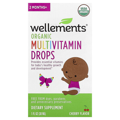 Wellements, Gotas multivitamínicas orgánicas, Bebés de 2 meses en adelante, Cereza, 30 ml (1 oz. líq.)