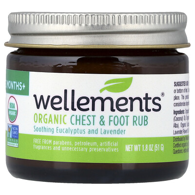 Wellements, Ungüento orgánico para el pecho y los pies, Bebés de 3 meses en adelante, Eucalipto y lavanda calmantes, 51 g (1,8 oz)