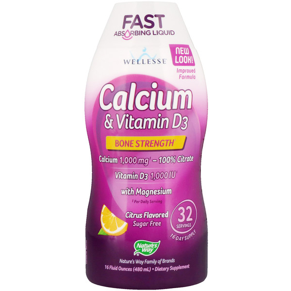 Wellesse Premium Liquid Supplements, Кальций и витамин D3, без сахара, с натуральным цитрусовым вкусом, 16 жидких унций (480 мл)